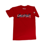 Close-up Detail of Consistency T-Shirt Fabric and Design in red.